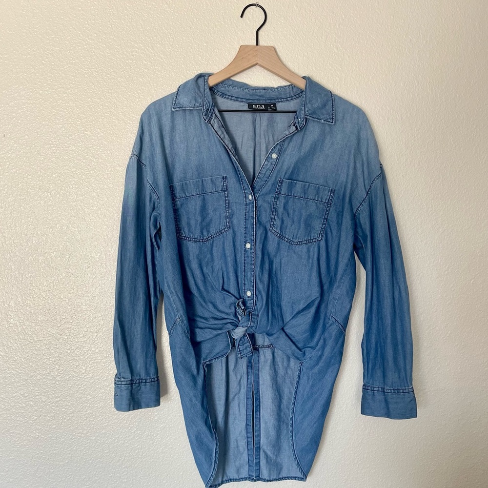 A.N.A.• Blue Chambre Button Down Oversized Tied Long Sleeve Blouse Size M